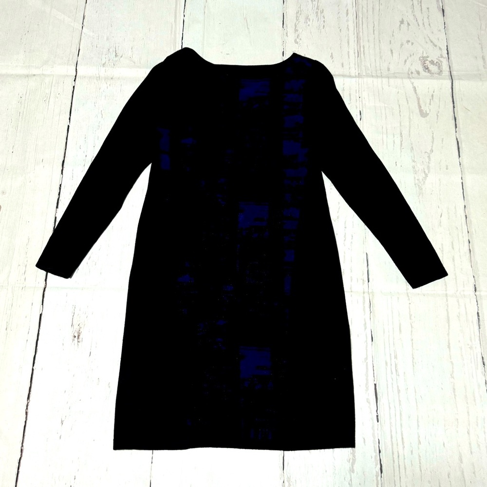 Elie Tahari women's L Night Combo black blue long sleeve body con sweater dress